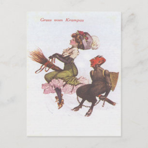 Postal Krampus en escoba con mujer