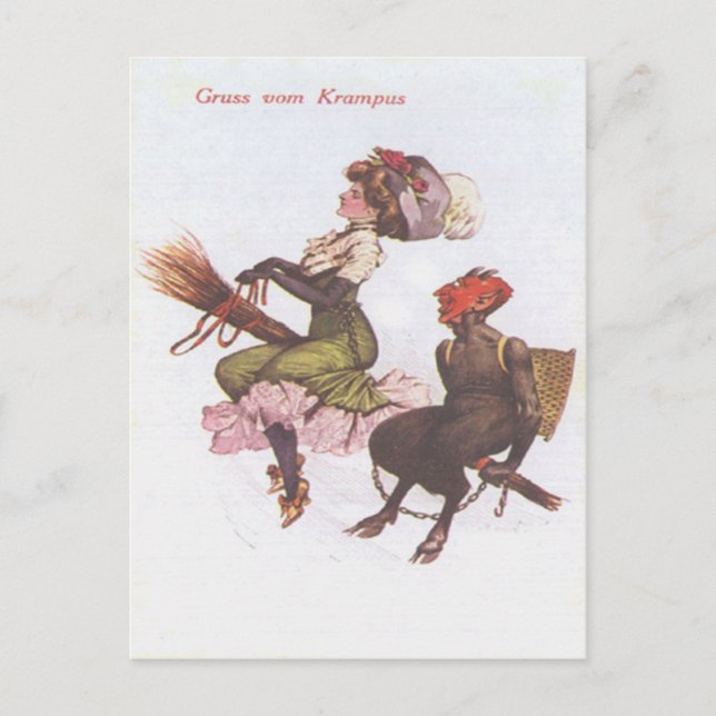 Postal Krampus en escoba con mujer (Anverso)