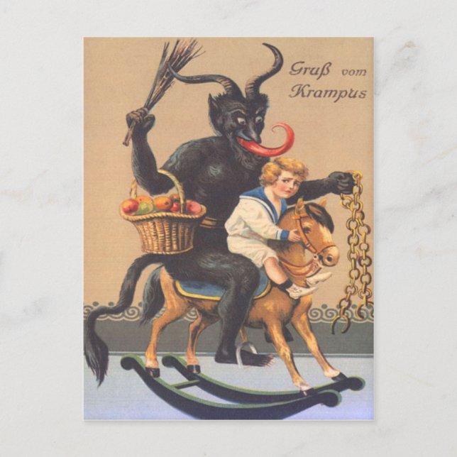 Postal Krampus Montando Hobbyhorse Con Muchacho (Anverso)