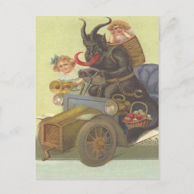 Postal Krampus Obteniendo A Niñas Pequeñas En El Auto (Anverso)
