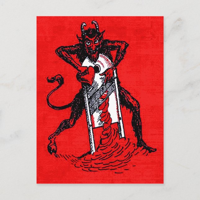 Postal Krampus rojo que corta al rompecorazones del (Anverso)