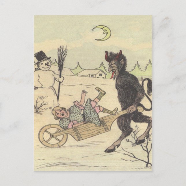 Postal Krampus sacando a un niño malo (Anverso)