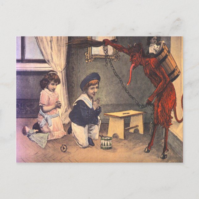Postal Krampus secuestrando a niños malos (Anverso)