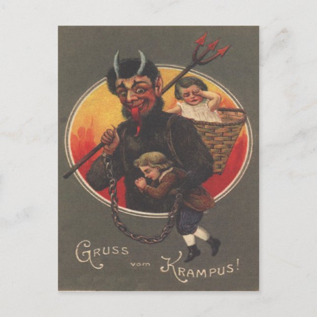 Postal Krampus Secuestrando a un chico y Chica (Anverso)