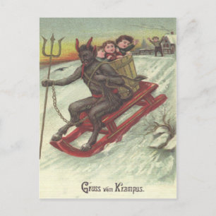 Postal Krampus secuestrando niños en trineo