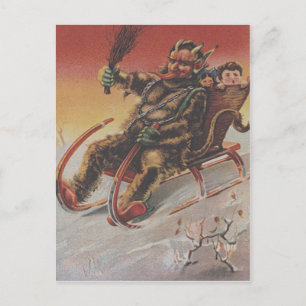 Postal Krampus secuestrando niños en trineo