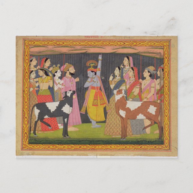Postal Krishna levantando el Monte Govardhana, del 'Bhaga (Anverso)