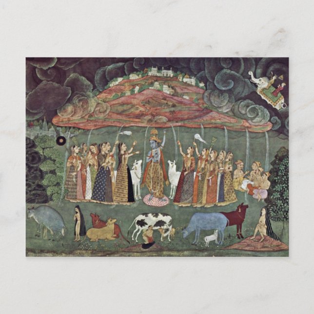 Postal Krishna Y El Govardhan De La Montaña Por Shahadin (Anverso)