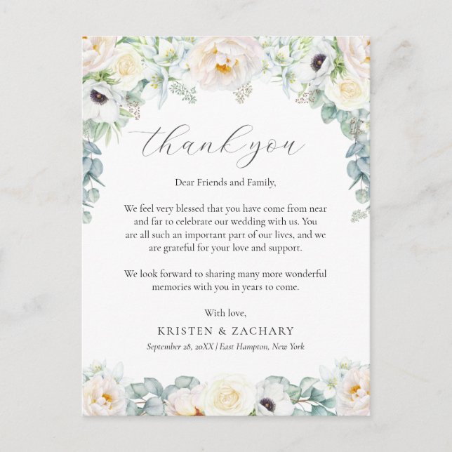 Postal Kristen White Floral Wedding Recepción Gracias (Anverso)