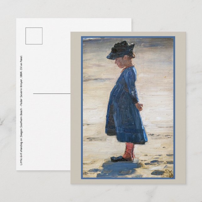 Postal Kroyer - Niña pequeña de pie en la playa Skagen (Anverso / Reverso)