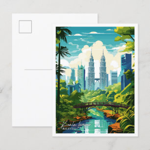 Postal Kuala Lumpur Malasia ilustracion de viaje vintage