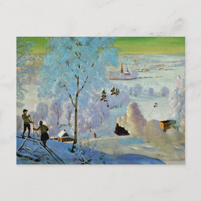 Postal Kustodiev - Esquiadores (Anverso)