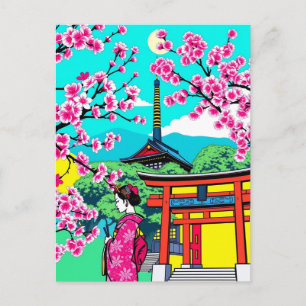 Postal Kyoto, Japón Flor de Cerezo Geisha Arte Viaje