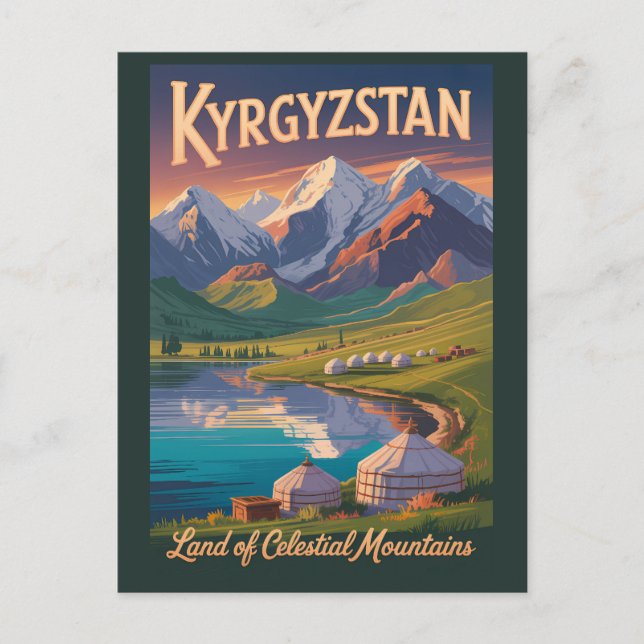 Postal Kyrgyzstan Mountains Illustration Travel Art Vinta (Anverso)