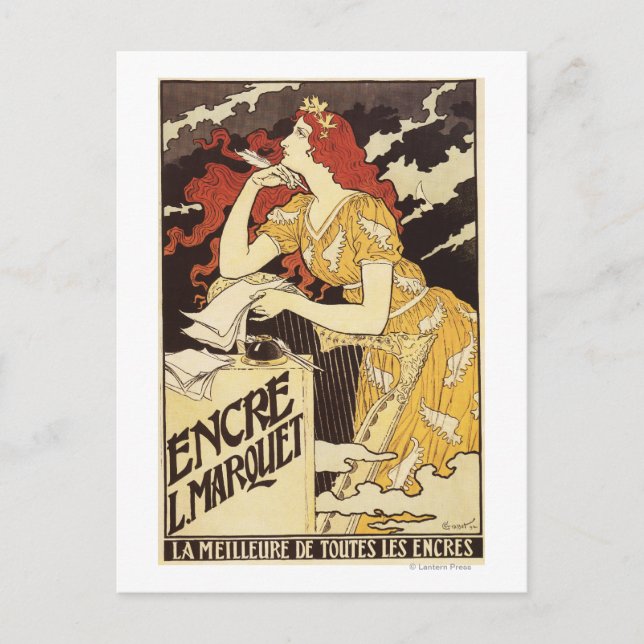 Postal L. Marquet Ink Red Headed Woman & Harp (Anverso)