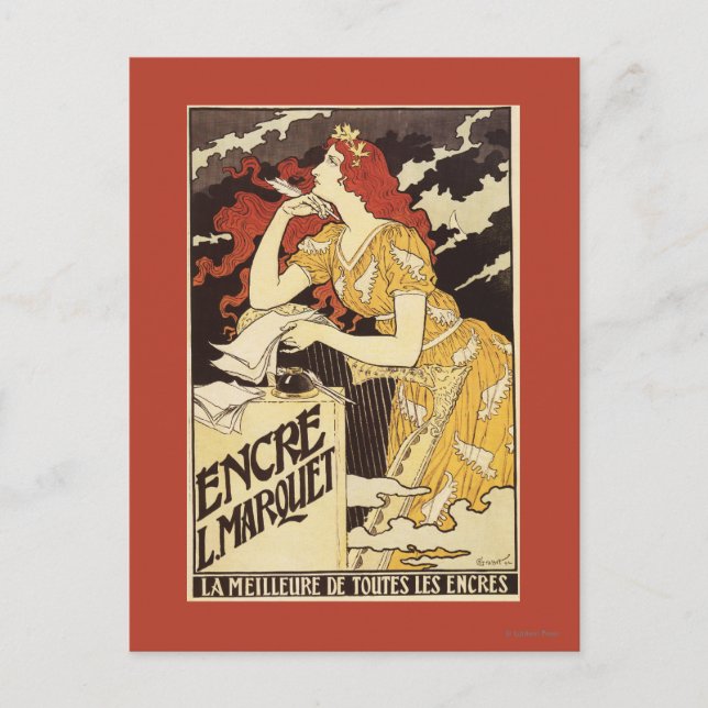 Postal L. Marquet Ink Red Headed Woman & Harp (Anverso)