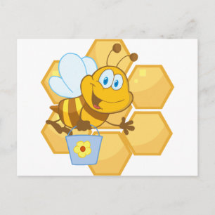 Postal La abeja sonriente sostiene un cubo