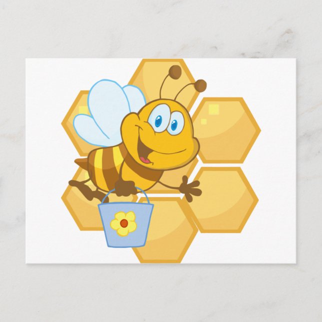 Postal La abeja sonriente sostiene un cubo (Anverso)