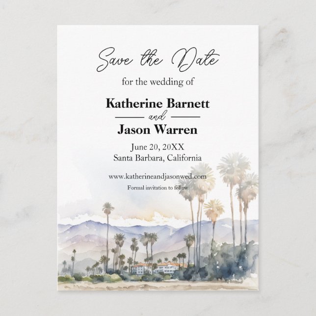 Postal La acuarela de Santa Barbara Beach Save the Date (Anverso)
