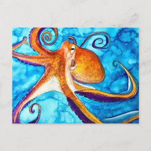Postal La acuarela del pulpo bajo el arte marino
