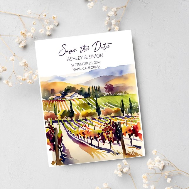 Postal La acuarela del viñedo de Napa Valley salva la fec (Save the date Napa valley vineyard watercolor landscape California scenery save the date modern art)