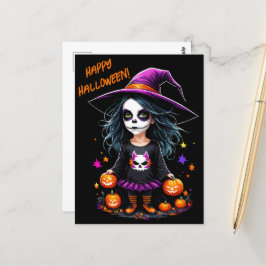 Postal La adorable bruja de Halloween de Kawaii