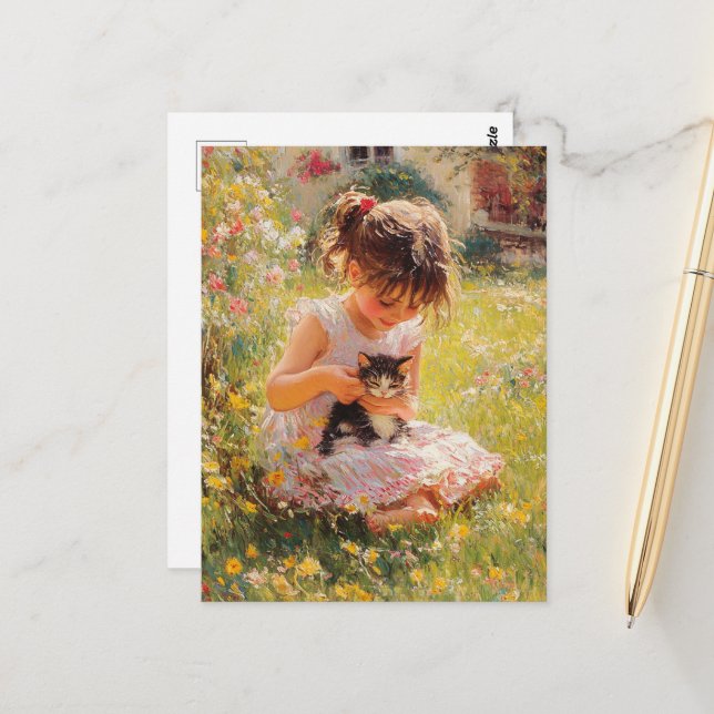 Postal La adorable niña de rosa y su gatito (Anverso/Reverso In Situ)