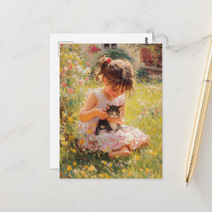 Postal La adorable niña de rosa y su gatito