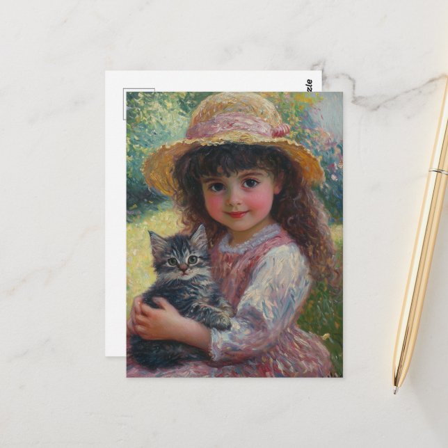 Postal La adorable niña y su gato (Anverso/Reverso In Situ)