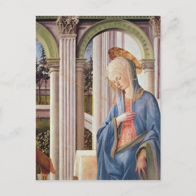 Postal La Anunciación, detalle de la Virgen María (Anverso)