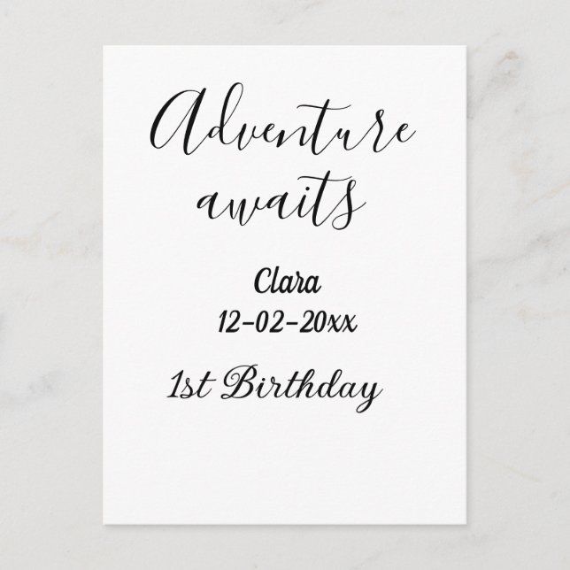 Postal La aventura espera feliz cumpleaños número 1 nombr (Anverso)