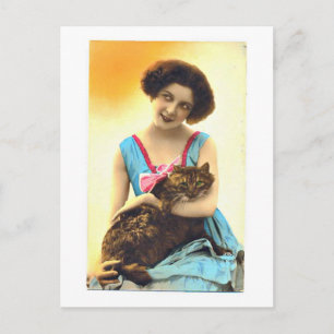 Postal La bella joven Chica y su gato
