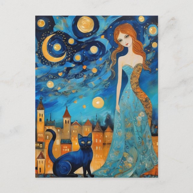 Postal La bella mujer y el gato en una ciudad nocturna (Anverso)