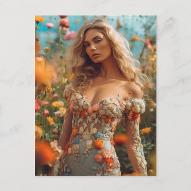 Postal La bella rubia con un vestido floral (Anverso)