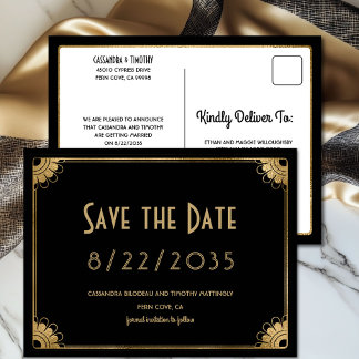 Postal La boda Art Decó del Oro Negro Retro Guardar la fe