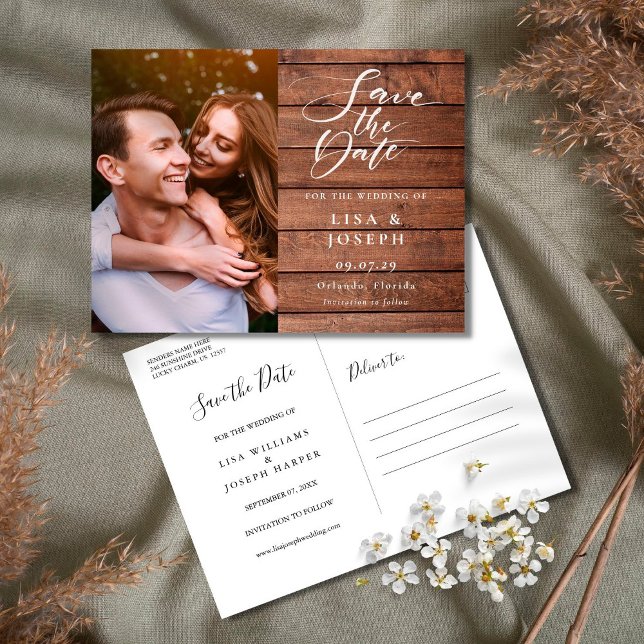 Postal La boda de fotos con guión de madera rústica salva (Subido por el creador)