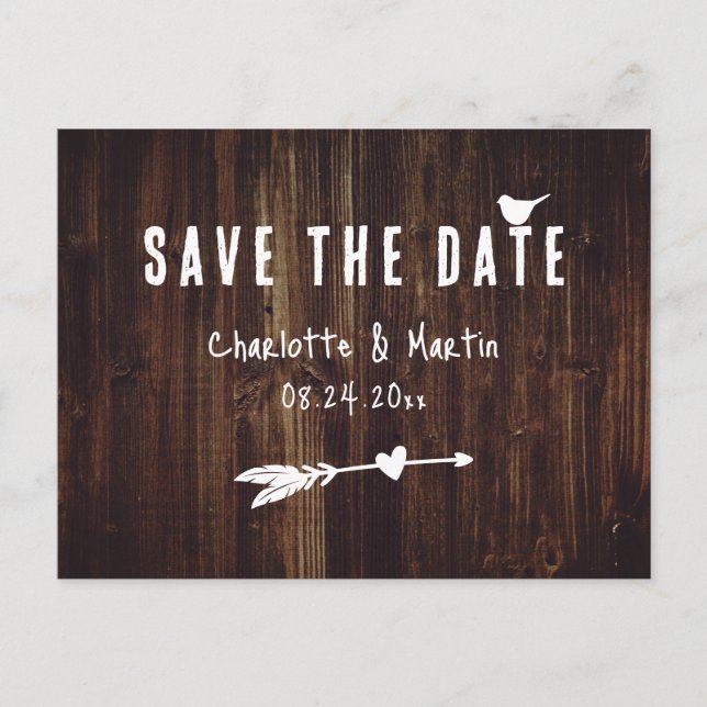 Postal La Boho Rustic Wood Heart Wedding Salva La Fecha (Anverso)