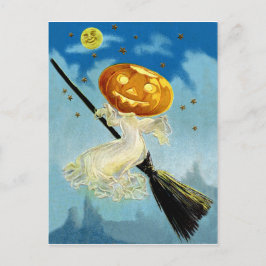 Postal La bruja de la calabaza está volando en una escoba
