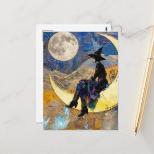 Postal La bruja en la luna delante de la luna Collage