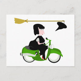 Postal La Bruja Montando Una Mopa Verde
