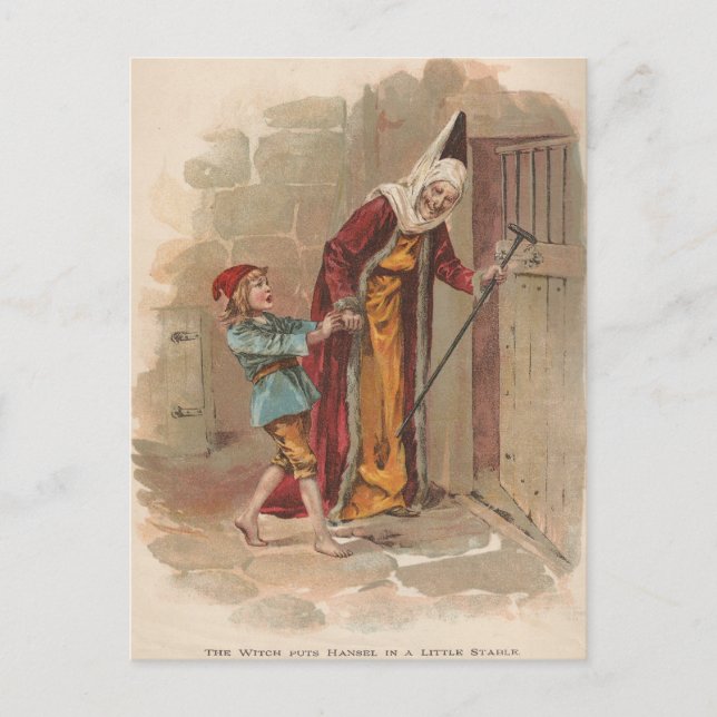 Postal La bruja puso a Hansel en el establo (Anverso)