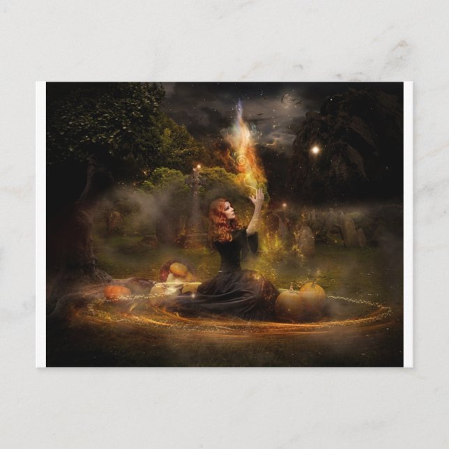 Postal La bruja realiza ortografías de círculo mágico (Anverso)