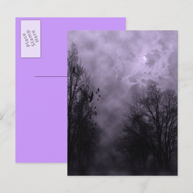 Postal La bruja violeta de Halloween enlutada con Ravens (Anverso / Reverso)