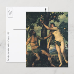 Postal La caída del hombre; Adam y Eve de Titian