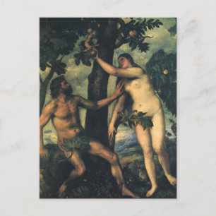 Postal La caída del hombre; Adam y Eve de Titian