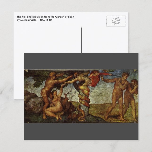 Postal La caída y expulsión de Michelangelo, Jardín del E (Anverso / Reverso)
