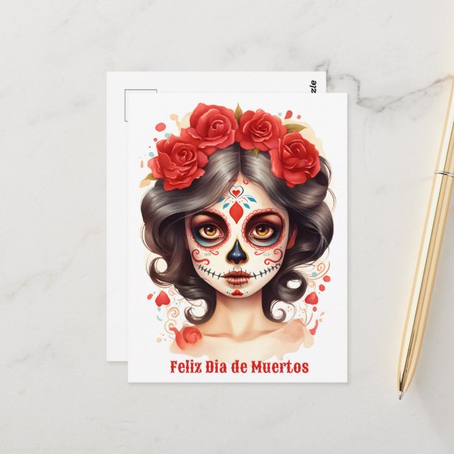 Postal La Calavera 💀 en Flores Rojas 🌹 (Anverso/Reverso In Situ)