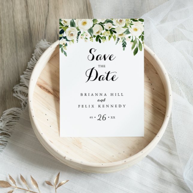 Postal La caligrafía floral blanca verde salva la fecha (Subido por el creador)