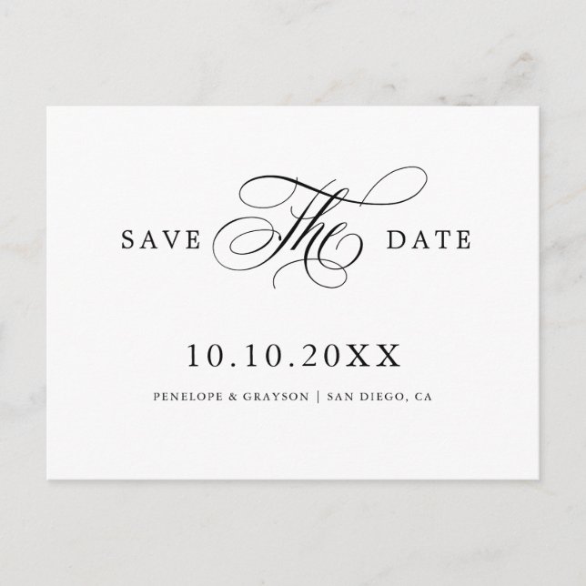 Postal La caligrafía moderna eterna Black Save the Date (Anverso)