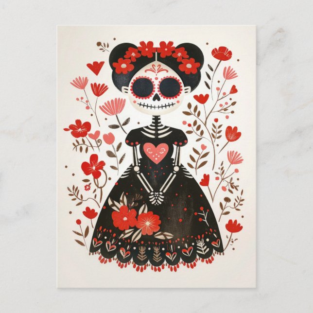 Postal La Catrina con flores Día de los Muertos (Anverso)